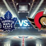 Widescreen image of the Toronto Maple Leafs and Ottawa Senators logos colliding in a hockey arena, with "Vs." between them and spotlights highlighting the rivalry.