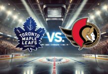 Widescreen image of the Toronto Maple Leafs and Ottawa Senators logos colliding in a hockey arena, with "Vs." between them and spotlights highlighting the rivalry.