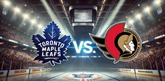 Widescreen image of the Toronto Maple Leafs and Ottawa Senators logos colliding in a hockey arena, with "Vs." between them and spotlights highlighting the rivalry.