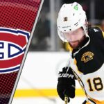 An image of Pavel Zacha in his Boston Bruins jersey, skating with the puck, and looking up ice, with the Montreal Canadiens logo in the background.