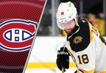 An image of Pavel Zacha in his Boston Bruins jersey, skating with the puck, and looking up ice, with the Montreal Canadiens logo in the background.