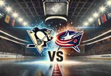 Image of the Pittsburgh Penguins and Columbus Blue Jackets logos colliding with a "Vs." between them, set inside the Blue Jackets’ arena under intense spotlights.