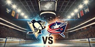 Image of the Pittsburgh Penguins and Columbus Blue Jackets logos colliding with a "Vs." between them, set inside the Blue Jackets’ arena under intense spotlights.