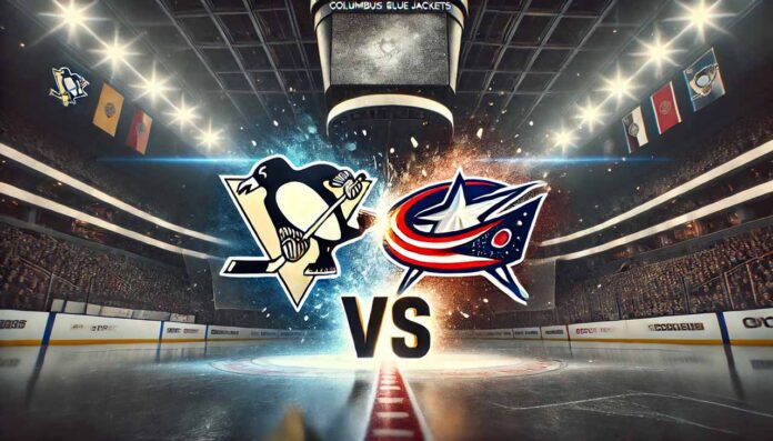 penguins-vs-blue-jackets-preseason-matchup Image of the Pittsburgh Penguins and Columbus Blue Jackets logos colliding with a "Vs." between them, set inside the Blue Jackets’ arena under intense spotlights.