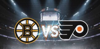 An image of the Philadelphia Flyers and Boston Bruins logos facing off on a hockey rink.