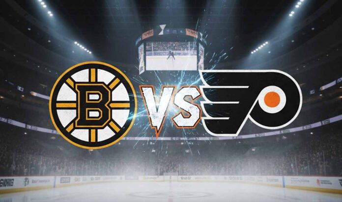 An image of the Philadelphia Flyers and Boston Bruins logos facing off on a hockey rink.