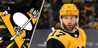 Pittsburgh Penguins forward Bryan Rust skates with the puck during an NHL game, with trade rumors swirling about his future with the team.