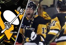 Rickard Rakell and Bryan Rust of the Pittsburgh Penguins skating during a game, representing the team's current trade dilemma.