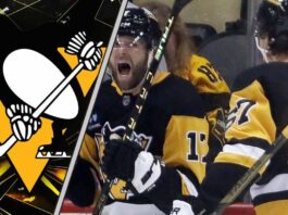 Rickard Rakell and Bryan Rust of the Pittsburgh Penguins skating during a game, representing the team's current trade dilemma.