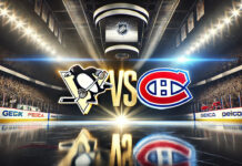 Pittsburgh Penguins and Montreal Canadiens logos facing each other on a hockey rink background.