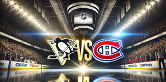 Pittsburgh Penguins and Montreal Canadiens logos facing each other on a hockey rink background.