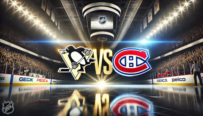 Pittsburgh Penguins and Montreal Canadiens logos facing each other on a hockey rink background.