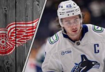 Detroit Red Wings logo with a picture of Quinn Hughes symbolizing a potential trade.