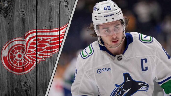 quinn-hughes-red-wings-canucks-trade-rumor Detroit Red Wings logo with a picture of Quinn Hughes symbolizing a potential trade.