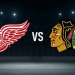 Detroit Red Wings and Chicago Blackhawks logos facing off with rink background