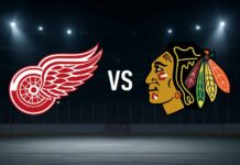 Detroit Red Wings and Chicago Blackhawks logos facing off with rink background