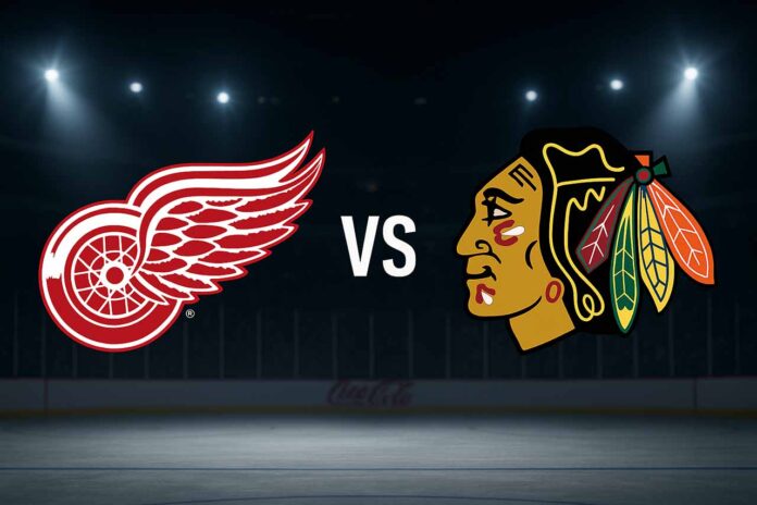 Detroit Red Wings and Chicago Blackhawks logos facing off with rink background