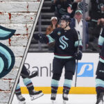 A close-up shot of Seattle Kraken players celebrating a goal as they look forward to the 2025-26 NHL season