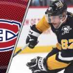 Sidney Crosby looks on thoughtfully during a game, with the Montreal Canadiens logo in the background, representing the NHL trade rumors.