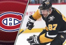 Sidney Crosby looks on thoughtfully during a game, with the Montreal Canadiens logo in the background, representing the NHL trade rumors.