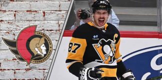 Sidney Crosby in a Pittsburgh Penguins jersey looks on during a game, with the Ottawa Senators logo in the foreground, representing a potential trade.