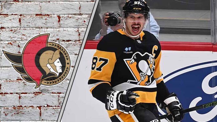 sidney-crosby-ottawa-senators-rumors-september-2025 Sidney Crosby in a Pittsburgh Penguins jersey looks on during a game, with the Ottawa Senators logo in the foreground, representing a potential trade.