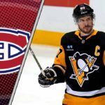 Image showing Sidney Crosby in a Penguins jersey looking towards a Montreal Canadiens logo, symbolizing a potential trade.