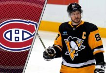 Image showing Sidney Crosby in a Penguins jersey looking towards a Montreal Canadiens logo, symbolizing a potential trade.