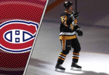 An image of Sidney Crosby in a Pittsburgh Penguins jersey waving to the Pittsburgh Penguins fans with the Montreal Canadiens logo in the background.