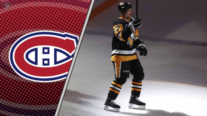 sidney-crosby-pittsburgh-penguins-montreal-canadiens-trade-rumors An image of Sidney Crosby in a Pittsburgh Penguins jersey waving to the Pittsburgh Penguins fans with the Montreal Canadiens logo in the background.