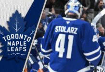 Toronto Maple Leafs goalie Anthony Stolarz celebrating a Leafs win as he thinks about his next contract