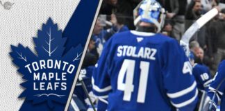 Toronto Maple Leafs goalie Anthony Stolarz celebrating a Leafs win as he thinks about his next contract