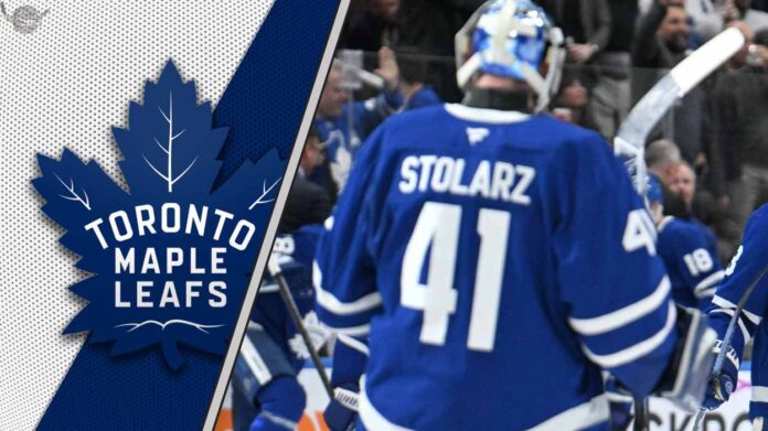 toronto-maple-leafs-goalie-anthony-stolarz-in-action Toronto Maple Leafs goalie Anthony Stolarz celebrating a Leafs win as he thinks about his next contract