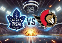 Toronto Maple Leafs and Ottawa Senators logos clash with ‘Vs.’ between them in a spotlighted hockey arena.