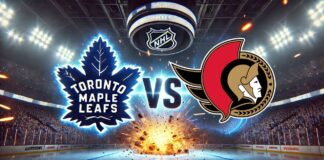 Toronto Maple Leafs and Ottawa Senators logos clash with ‘Vs.’ between them in a spotlighted hockey arena.