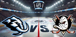 Utah Mammoth and Anaheim Ducks logos facing off on the ice.