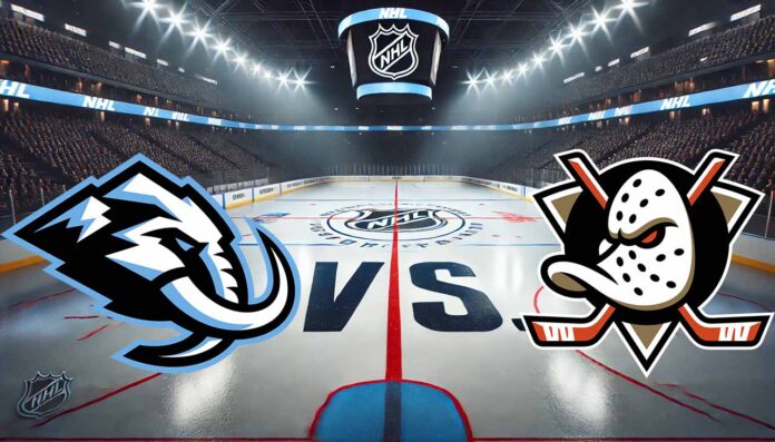 Utah Mammoth and Anaheim Ducks logos facing off on the ice.