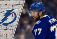 Victor Hedman skates with the puck, ready to make a play during a Tampa Bay Lightning game in the 2025-26 NHL season