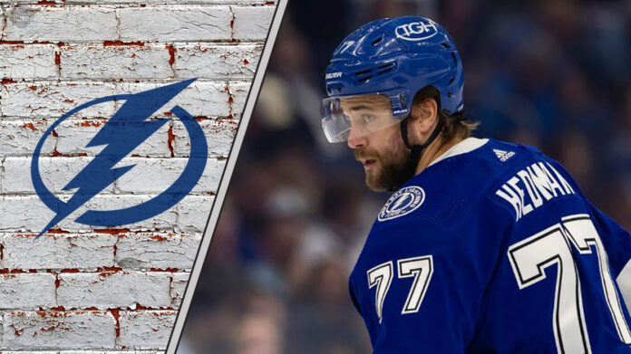Victor Hedman skates with the puck, ready to make a play during a Tampa Bay Lightning game in the 2025-26 NHL season