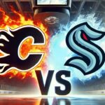Image of the Calgary Flames and Seattle Kraken logos colliding, set inside the Kraken's home arena with dramatic spotlights and a bold "VS" between them