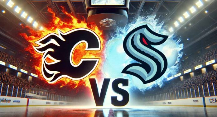 Image of the Calgary Flames and Seattle Kraken logos colliding, set inside the Kraken's home arena with dramatic spotlights and a bold "VS" between them