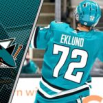 San Jose Sharks forward William Eklund celebrates a goal during a 2025-26 season preview, highlighting our fantasy point projections.