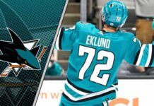 San Jose Sharks forward William Eklund celebrates a goal during a 2025-26 season preview, highlighting our fantasy point projections.