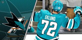 San Jose Sharks forward William Eklund celebrates a goal during a 2025-26 season preview, highlighting our fantasy point projections.