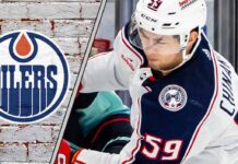 Edmonton Oilers trade target Yegor Chinakhov unleashes his powerful wrist shot in an NHL game for the Columbus Blue Jackets.
