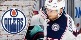 Edmonton Oilers trade target Yegor Chinakhov unleashes his powerful wrist shot in an NHL game for the Columbus Blue Jackets.
