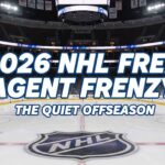 An empty, wide-angle view of an NHL hockey rink with the NHL logo at center ice. Text overlayed on the image reads "2026 NHL Free Agent Frenzy: The Quiet Offseason."