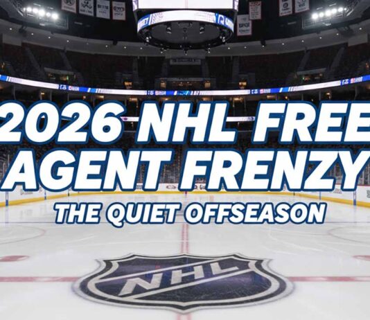 An empty, wide-angle view of an NHL hockey rink with the NHL logo at center ice. Text overlayed on the image reads "2026 NHL Free Agent Frenzy: The Quiet Offseason."