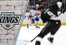 Adrian Kempe skating in his Los Angeles Kings jersey during an NHL game.