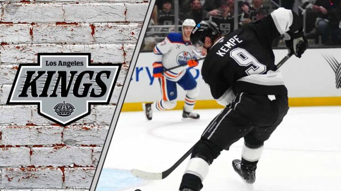 adrian-kempe-los-angeles-kings-2025 Adrian Kempe skating in his Los Angeles Kings jersey during an NHL game.
